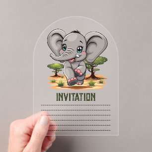 Invitaciones Acrílicas El bebé elefante salta feliz en la sabana africana