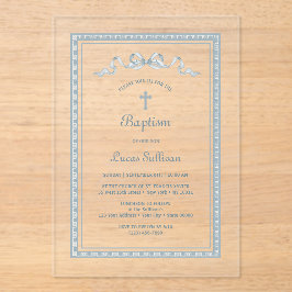 Invitaciones Acrílicas El capullo del marco azul griego deslumbrado bauti