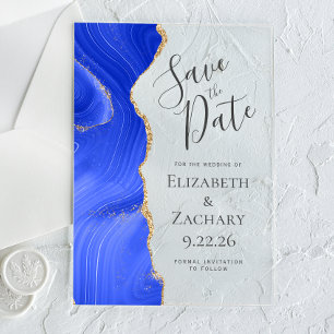 Invitaciones Acrílicas El moderno Agate Royal Blue Gold salva la fecha