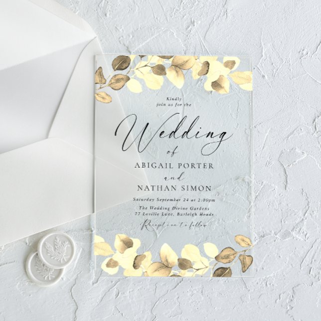 Invitaciones Acrílicas El oro elegante deja a todos los Bodas de temporad (Subido por el creador)