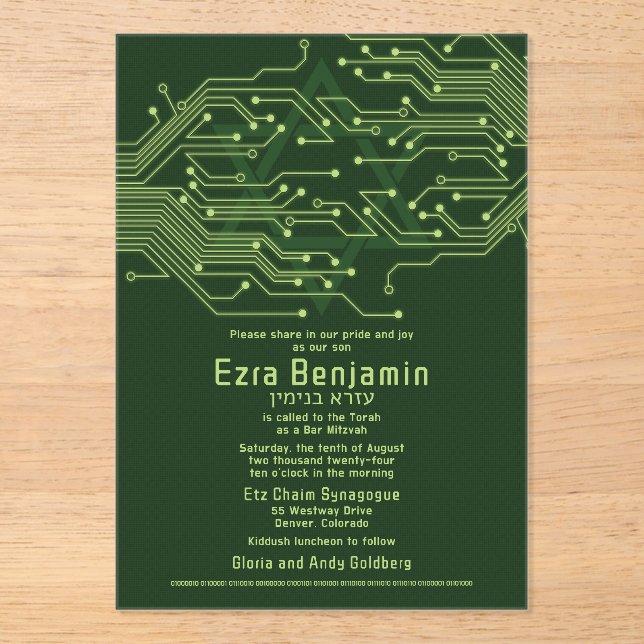 Invitaciones Acrílicas Electronics Computer Circuit Board Bar Mitzvah (Anverso)