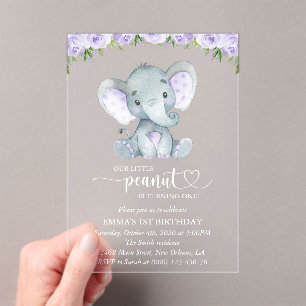 Invitaciones Acrílicas Elefante Adorable, Flores Moradas, Primer Cumpleañ