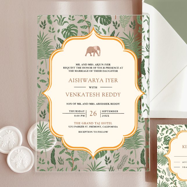 Invitaciones Acrílicas Elefante de Bosque Tropical Boda India (Subido por el creador)