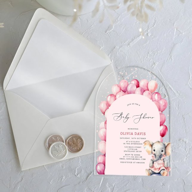 Invitaciones Acrílicas Elefante de Chica rosa y Baby Shower en globo (Subido por el creador)