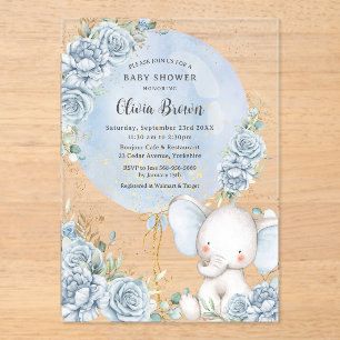 Invitaciones Acrílicas Elefante de elefante azul azul suave Baby Shower
