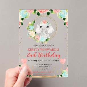 Invitaciones Acrílicas Elefante de jungla lindo acuarela Cumpleaños de ni