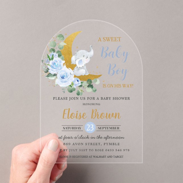 Invitaciones Acrílicas Elefante Floral Azul Luna Niño Bebé Arco de ducha (Insitu (portátil))