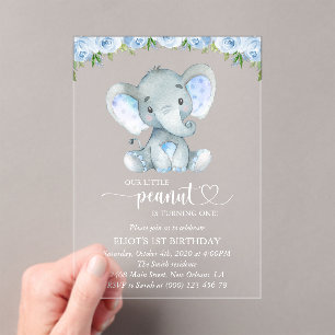 Invitaciones Acrílicas Elefante, Flores Acuarela Azules, Primer Cumpleaño