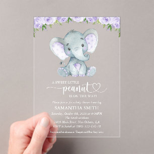 Invitaciones Acrílicas Elefante, Flores Acuarela Moradas, Baby Shower
