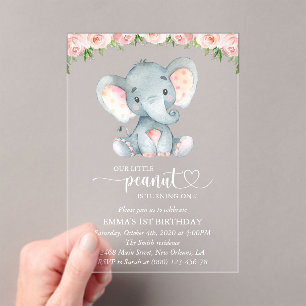Invitaciones Acrílicas Elefante, Flores Acuarela Rosadas, Primer Cumpleañ