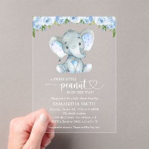 Invitaciones Acrílicas Elefante, flores de acuarela azules, Baby Shower