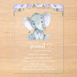 Invitaciones Acrílicas Elefante lindo, flores moradas, primer cumpleaños