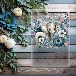 Invitaciones Acrílicas Elefante Oh Baby Azul Floral Baby Shower