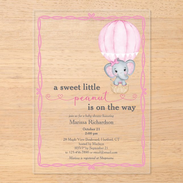 Invitaciones Acrílicas Elefante Rosa Bebé Chica Ducha (Anverso)