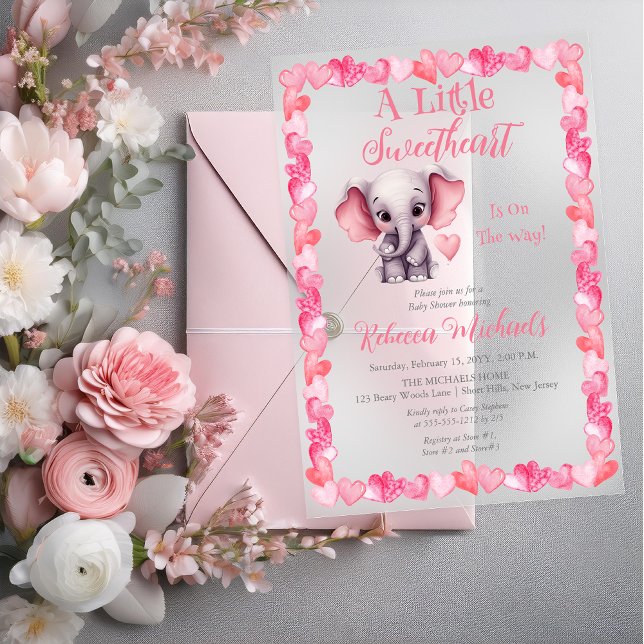 Invitaciones Acrílicas Elefante Un Pequeño Chica  Baby Shower (Elephant "A Little Sweetheart Is On The Way!" Pink Hearts Girl Baby Shower Acrylic Invitation)