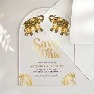Invitaciones Acrílicas Elefantes Étnicos Dorados Salva la Fecha de Boda I