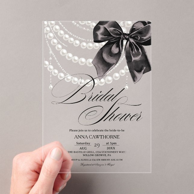 Invitaciones Acrílicas  Elegance Black Bow Pearls Bridal Shower Acrylic (Insitu (portátil))