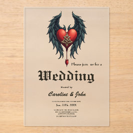 Invitaciones Acrílicas Elegancia celta con un corazón y alas.