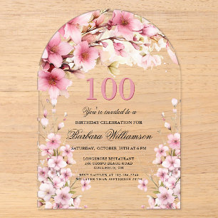 Invitaciones Acrílicas Elegancia de Arco Floral Rosa para Cumpleaños 100
