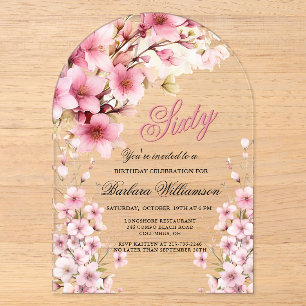 Invitaciones Acrílicas Elegancia de Arco Floral Rosa para Cumpleaños 60