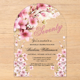 Invitaciones Acrílicas Elegancia de Arco Floral Rosa para Cumpleaños 70