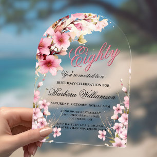 Invitaciones Acrílicas Elegancia de Arco Floral Rosa para Cumpleaños 80