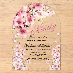 Invitaciones Acrílicas Elegancia de Arco Floral Rosa para Cumpleaños 90