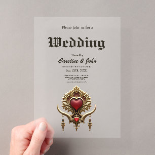Invitaciones Acrílicas Elegancia en lustre rojo con un corazón ornamentad