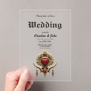 Invitaciones Acrílicas Elegancia en rojo luster con un corazón ornamentad