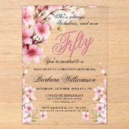 Invitaciones Acrílicas Elegancia floral rosa 50º y fabuloso cumpleaños