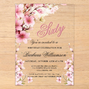 Invitaciones Acrílicas Elegancia floral rosa para cumpleaños 60