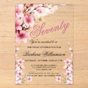 Invitaciones Acrílicas Elegancia floral rosa para cumpleaños 70