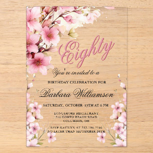 Invitaciones Acrílicas Elegancia floral rosa para cumpleaños 80