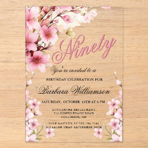 Invitaciones Acrílicas Elegancia floral rosa para cumpleaños 90