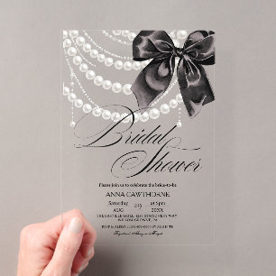 Invitaciones Acrílicas Elegancia Lazo Negro Perlas Ducha de Novia Acrílic