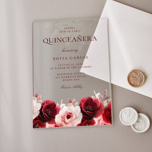 Invitaciones Acrílicas Elegancia rosa roja: Fiesta guapa de Quinceanera (Subido por el creador)