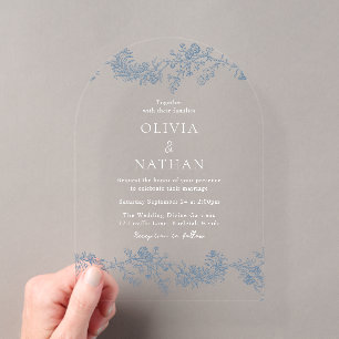 Invitaciones Acrílicas Elegancia Vintage: Boda Floral Azul Polvoriento