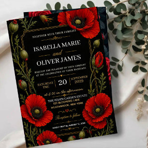 Invitaciones Acrílicas Elegant Black and Gold Red Poppy Vintage Floral