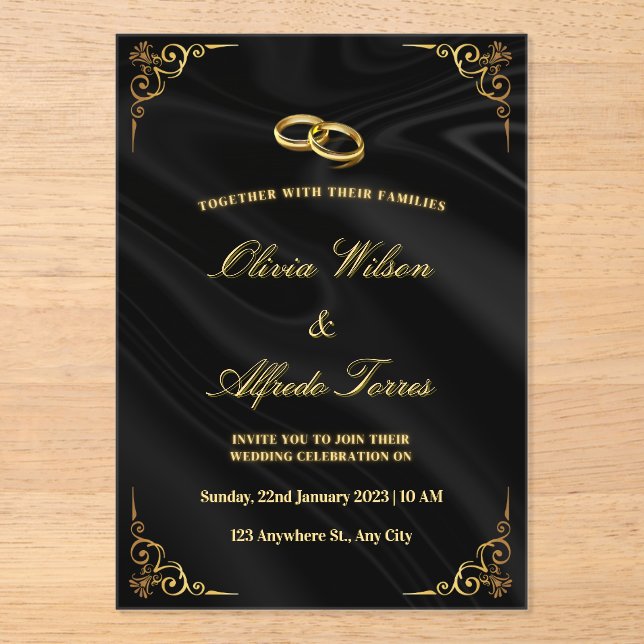 Invitaciones Acrílicas Elegant Black and Gold Wedding Invitation (Anverso)