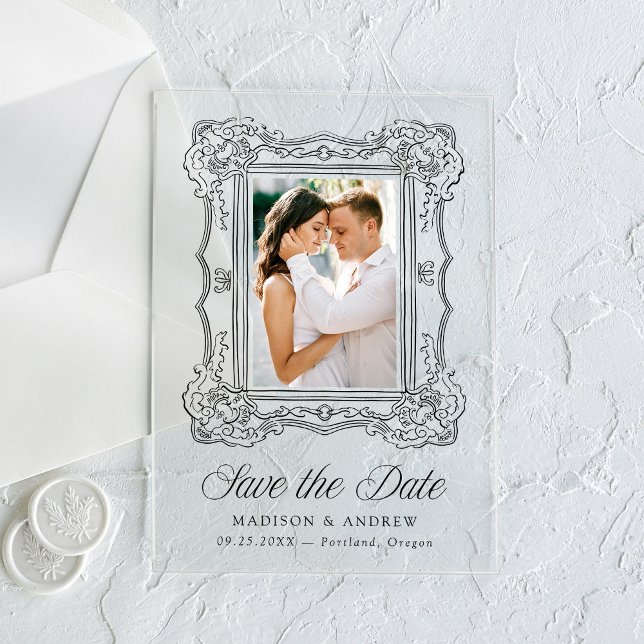 Invitaciones Acrílicas Elegant Black Ornate Frame Wedding Save the Date (Subido por el creador)