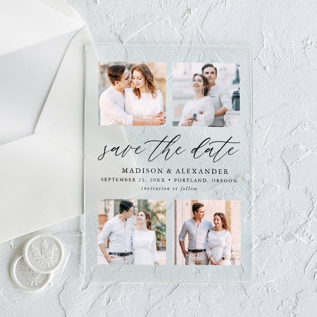 Invitaciones Acrílicas Elegant Black Script 4 Photo Wedding Save the Date (Subido por el creador)