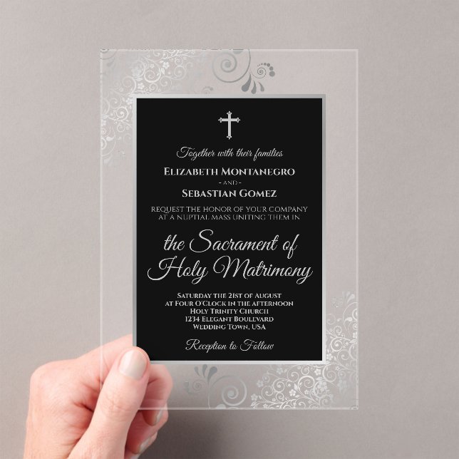 Invitaciones Acrílicas Elegant Black & Silver Ornate Catholic Wedding (Insitu (portátil))