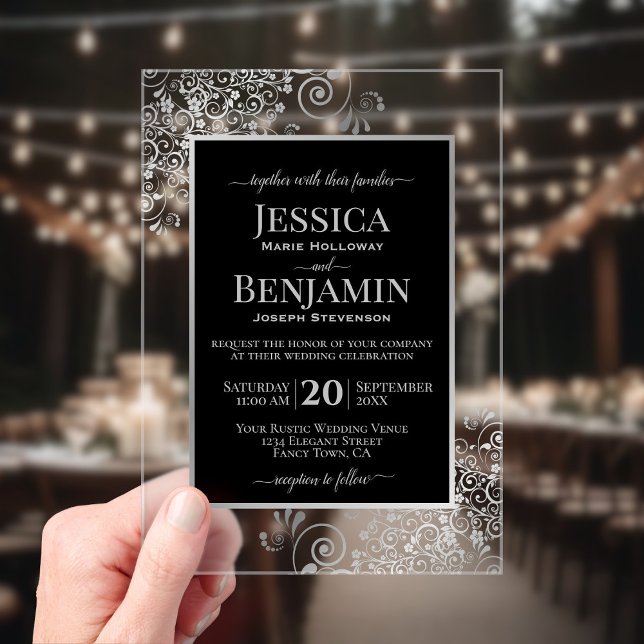 Invitaciones Acrílicas Elegant Black & Silver Stylish Text Wedding (Clear Acrylic with Rectangle Cut)