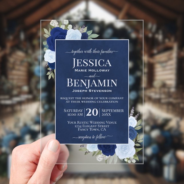 Invitaciones Acrílicas Elegant Blue Boho Chic Roses Stylish Text Wedding (Clear Acrylic with Rectangle Cut)