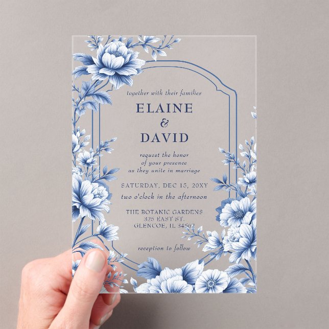 Invitaciones Acrílicas Elegant Blue Chinoiserie Floral Botanical Wedding (Insitu (portátil))