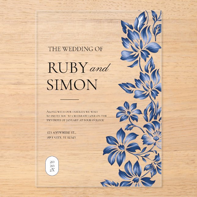 Invitaciones Acrílicas Elegant Blue Floral Vintage Wedding (Anverso)