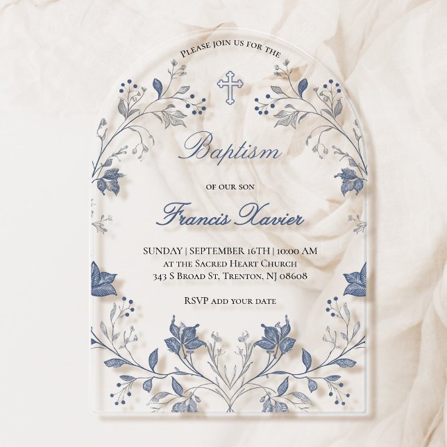 Invitaciones Acrílicas elegant blue foliage frame Baptism (Subido por el creador)