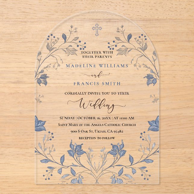 Invitaciones Acrílicas elegant blue foliage religious wedding (Anverso)