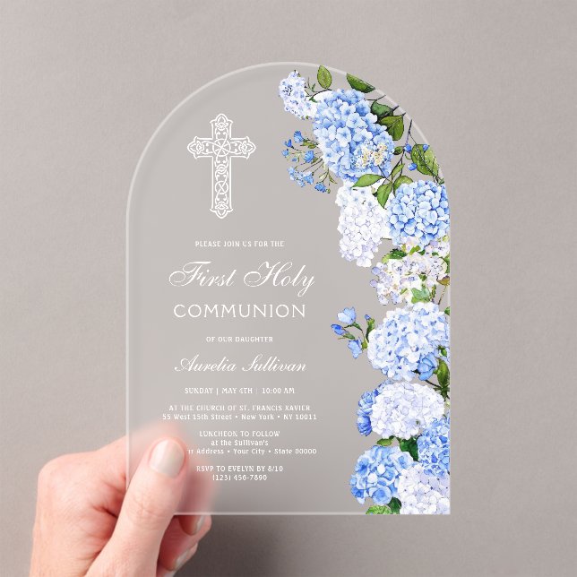 Invitaciones Acrílicas Elegant Blue Hydrangea Arch First Communion (Insitu (portátil))