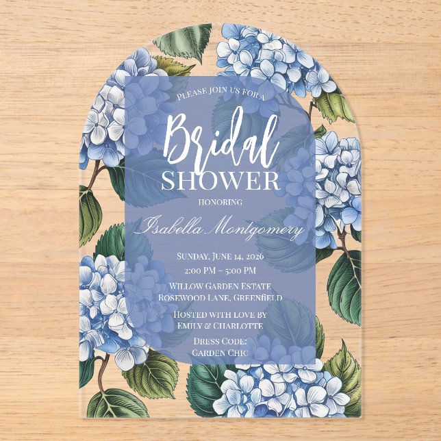 Invitaciones Acrílicas Elegant Blue Hydrangea Bridal Shower (Anverso)